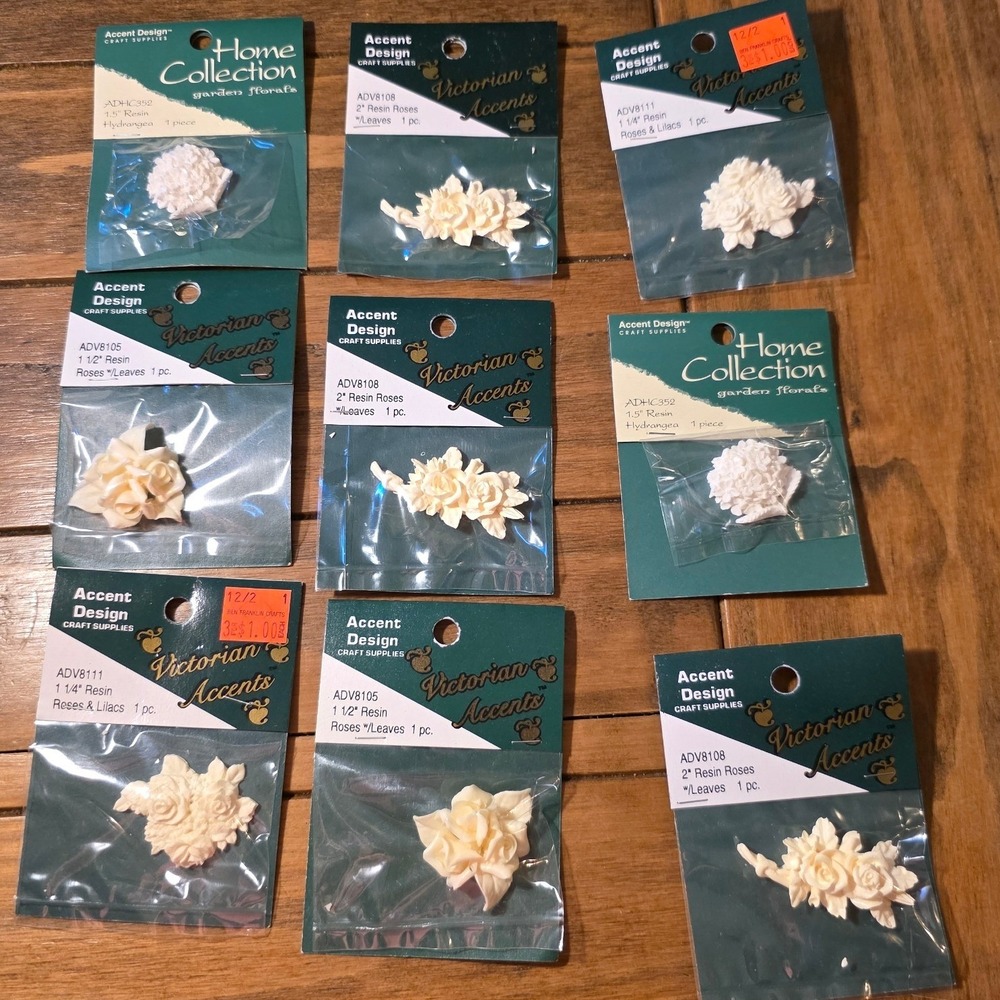 Accent Design Resin Floral Embellishments Ivory Victorian Rose Hydrangea 9pc Lot